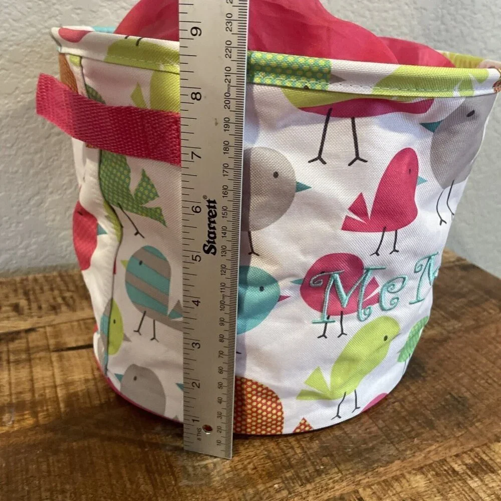 Thirty one bag cinch top round Storage Bin Pink Chickadees Birds Embroidery MeMe